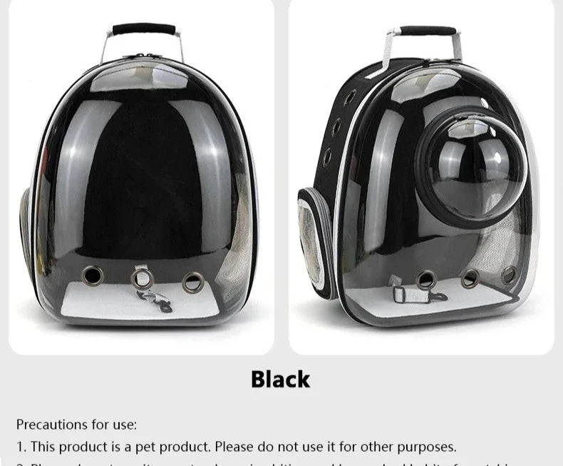A pet bubble carrier shown from the front and side in glossy black, with a clear dome and small opening. Text below reads 'Black' and includes usage precautions.