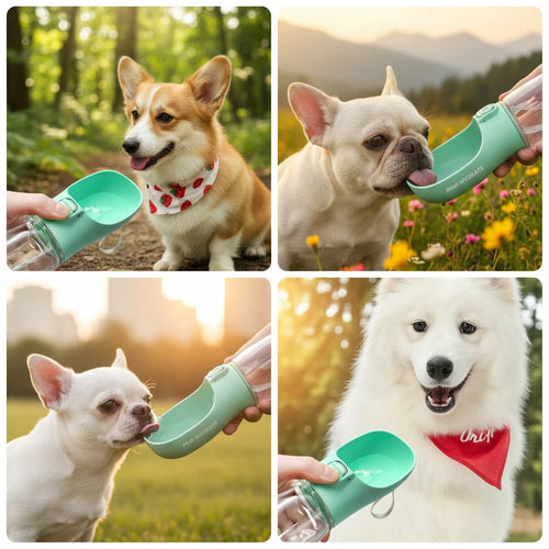 Collage of dogs using a green pet water bottle with different backgrounds.