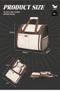 Product size diagram for a pet carrier bag showing its dimensions in unfolded and folded states, with measurements in centimeters and inches, on a light beige background.