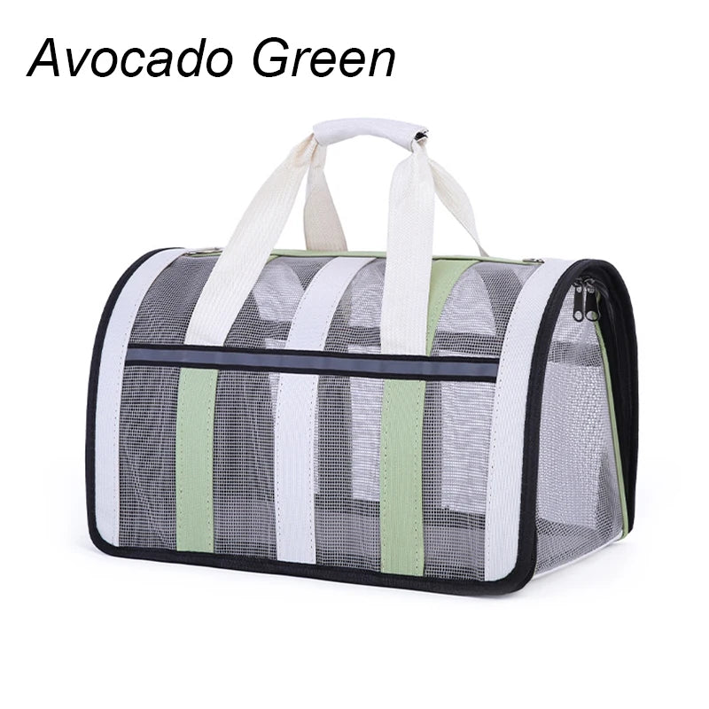 Avocado green pet carrier with white handles on a white background