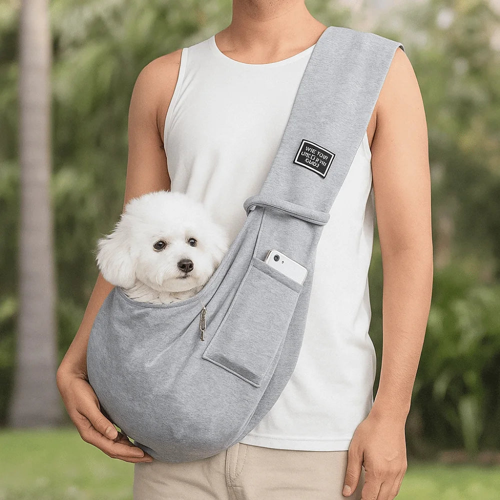 Person holding a small white dog in a gray sling with a blurred green outdoor background