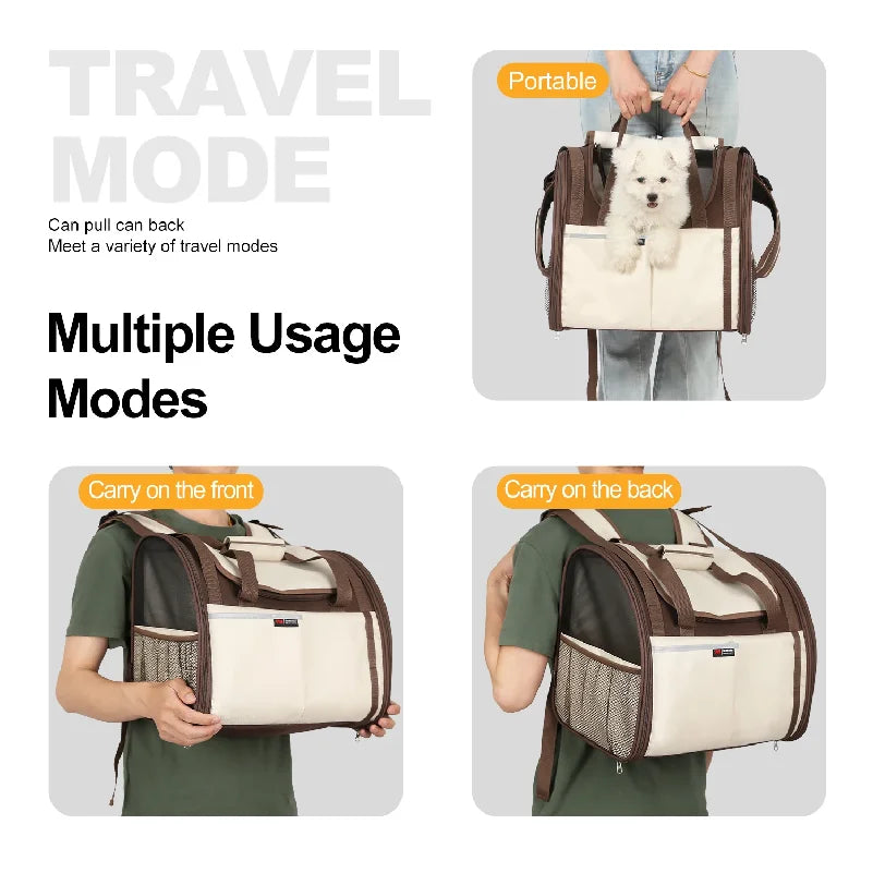 A pet travel carrier shown in three usage modes on a light gray background: carried on the front, carried on the back, and pulled by a person. The carrier has a cream/off-white body with dark brown trim and mesh side panels.