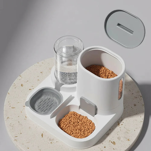 Pet feeding station with food and water containers on a gray background