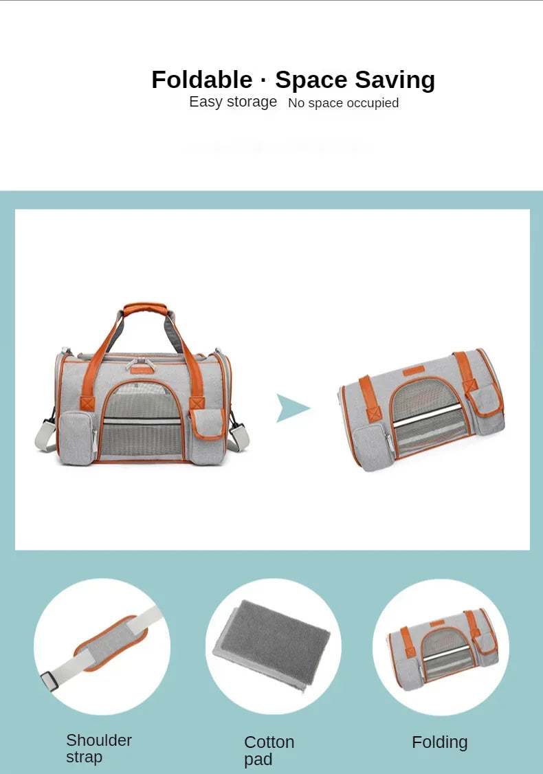 Foldable pet carrier with shoulder strap, cotton pad, and folding feature on a light blue background.