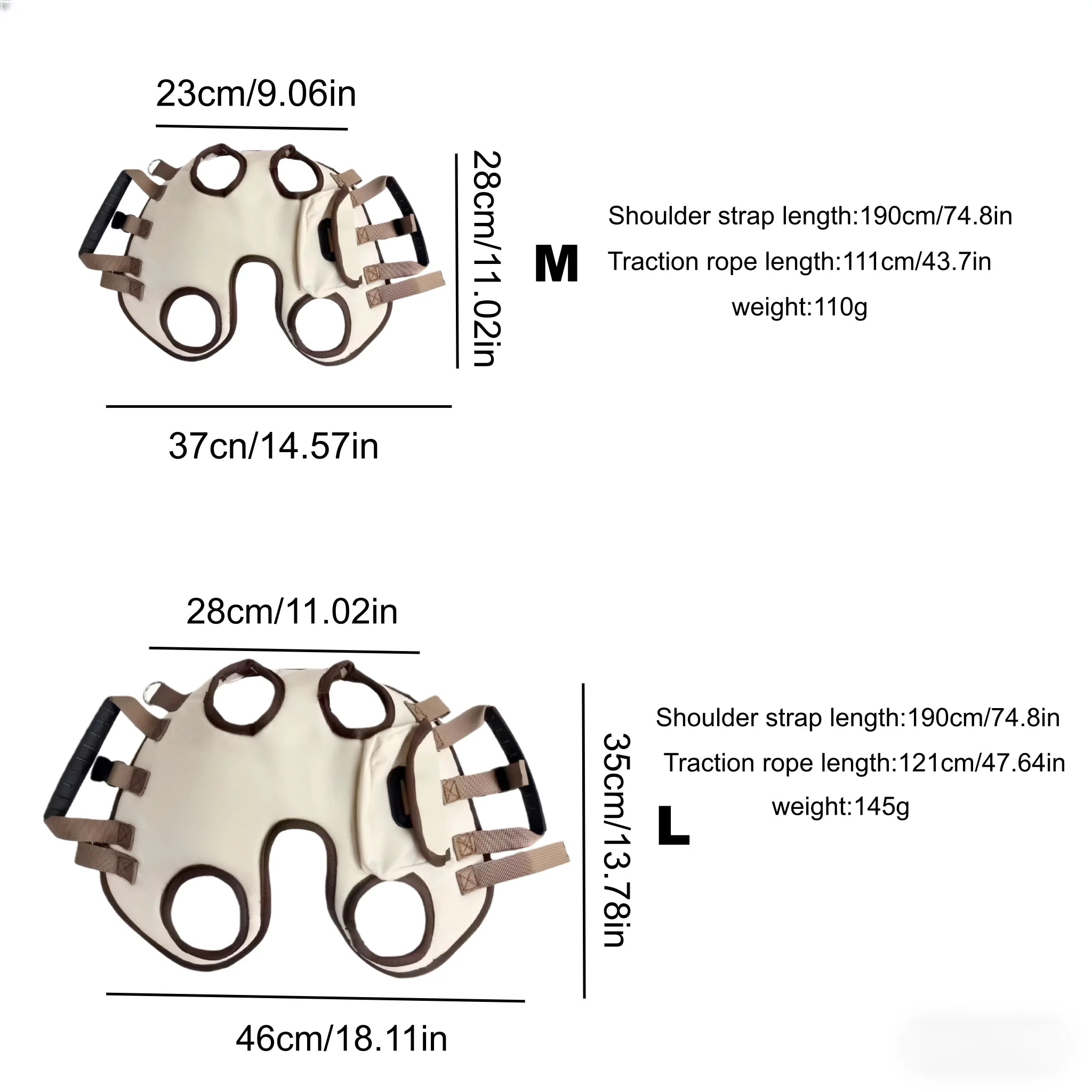 Measurement chart for a product with different sizes labeled M and L, showing dimensions and weight.