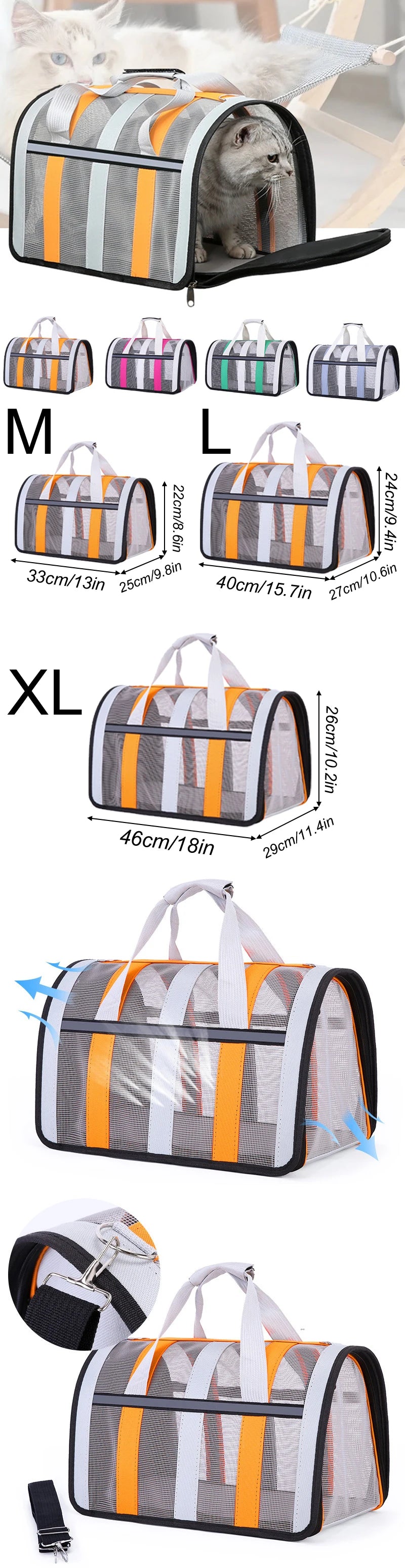 Pet carrier with size chart showing M, L, and XL dimensions.