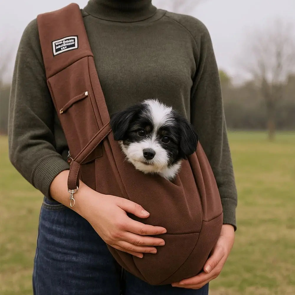 Person holding a brown pet sling with a small black and white dog inside, standing in an outdoor setting.