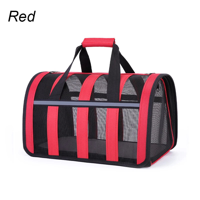 Red and black pet carrier on a white background