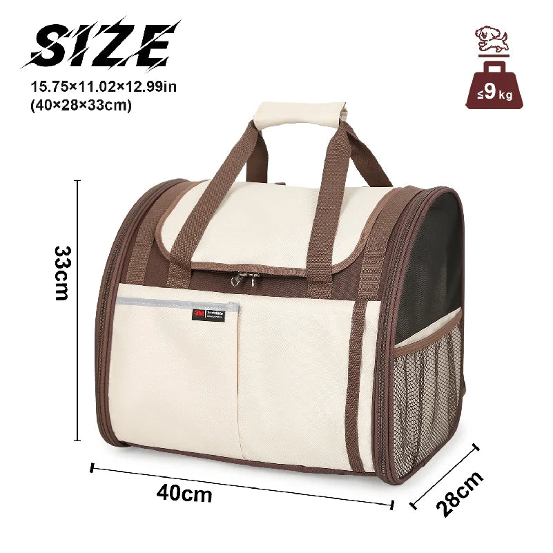 Pet carrier with dimensions and weight capacity displayed on a white background