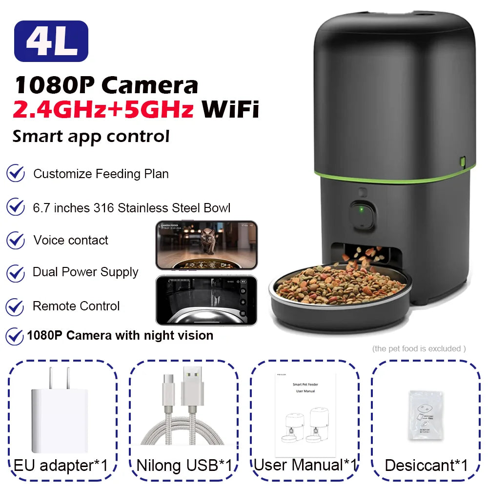 Mangeoire Automatique Connectée avec Caméra HD 1080P pour Chien et Chat – WiFi 2,4G/5G et Contrôle par Application