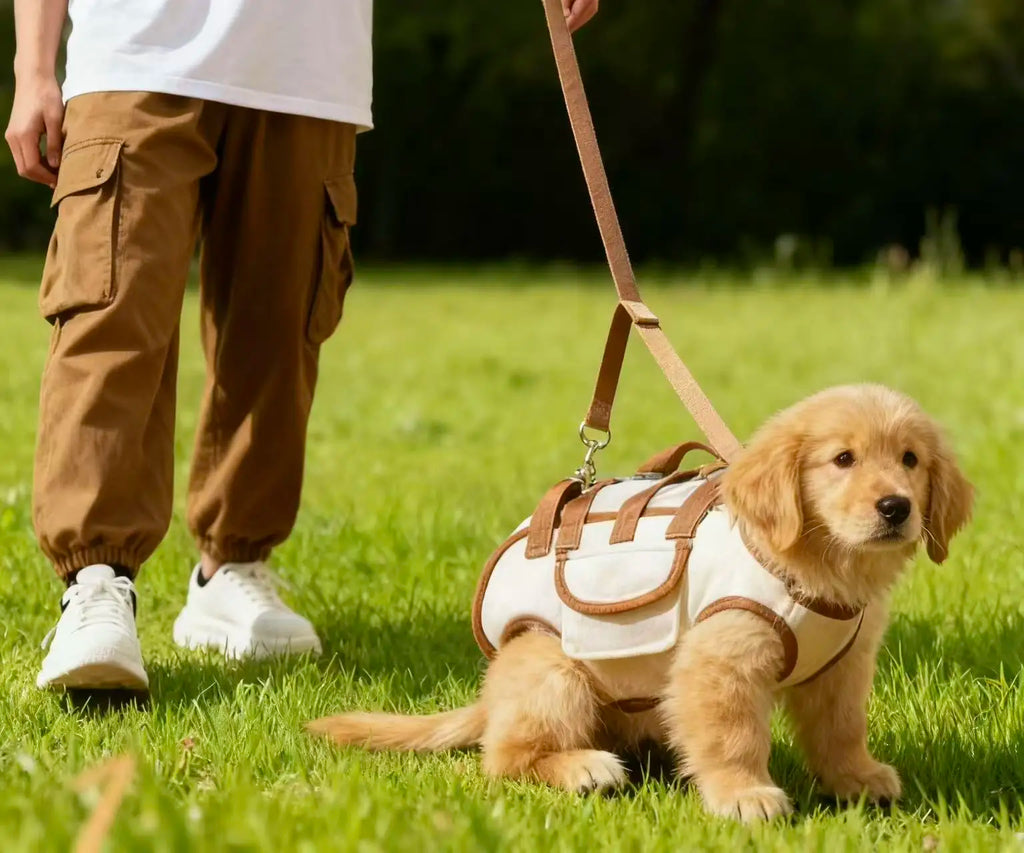 Person walking a golden puppy on a leash in a grassy area