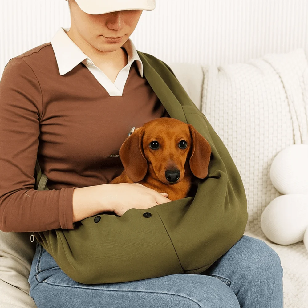 Person holding a small brown dog in a green sling on a white couch.