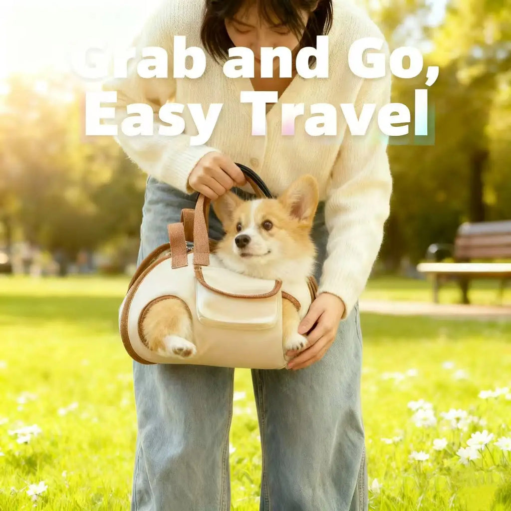 Person holding a small dog in a pet carrier with text 'Grab and Go, Easy Travel' in a park setting.