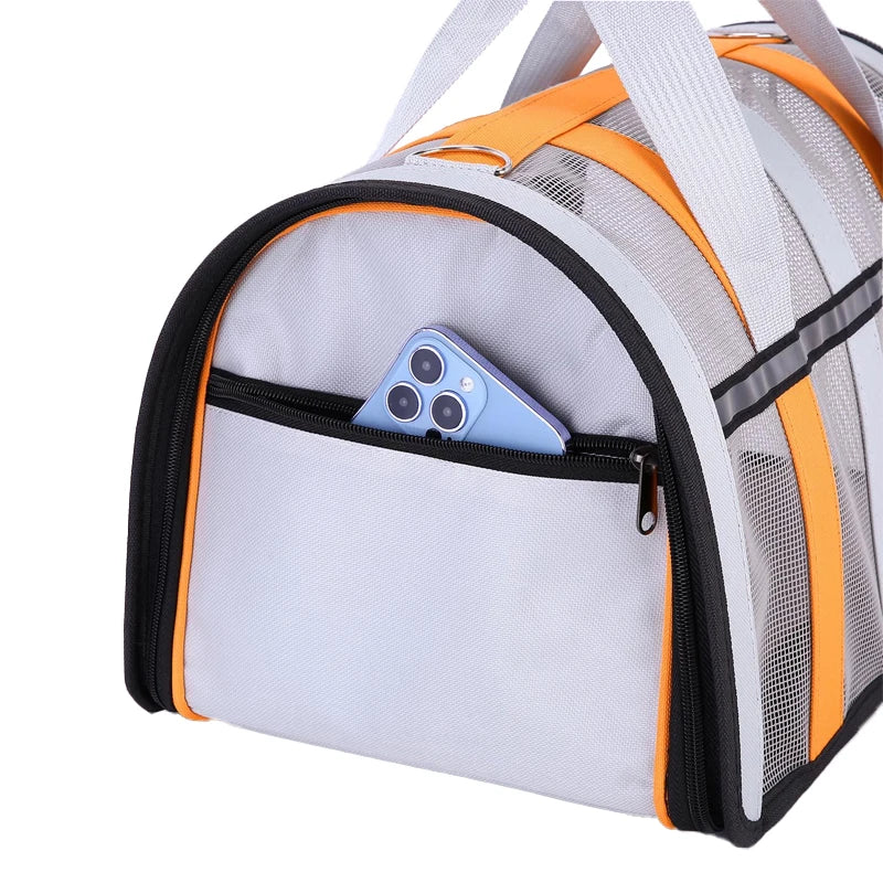 Pet carrier with a phone inside on a white background