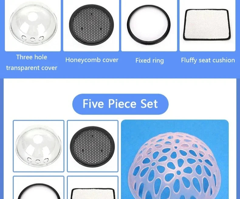 A five-piece replacement set for a vehicle headlight, featuring a clear three-hole transparent cover, a black honeycomb filter cover, a black fixed ring, a white fluffy seat cushion, and a translucent blue-and-white perforated decorative cover, displayed on a blue and white background.