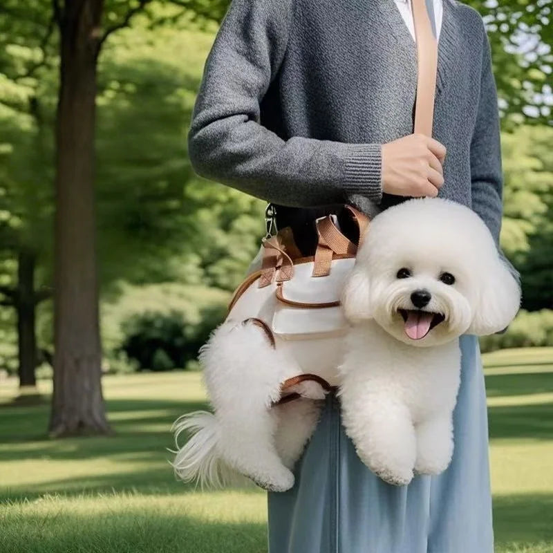Person carrying a small white dog in a bag outdoors on a sunny day
