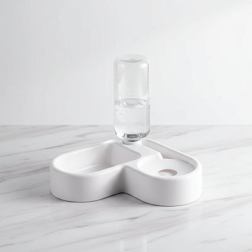 White corner pet feeder with dimensions on a white background