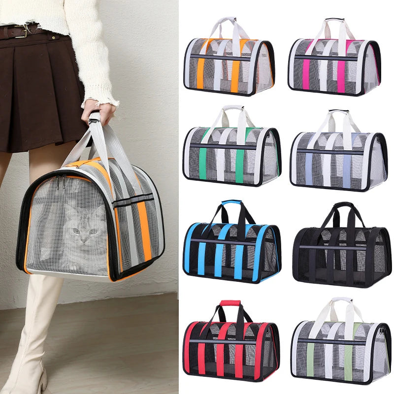 Pet carrier with a cat inside, held by a person, surrounded by various color options.