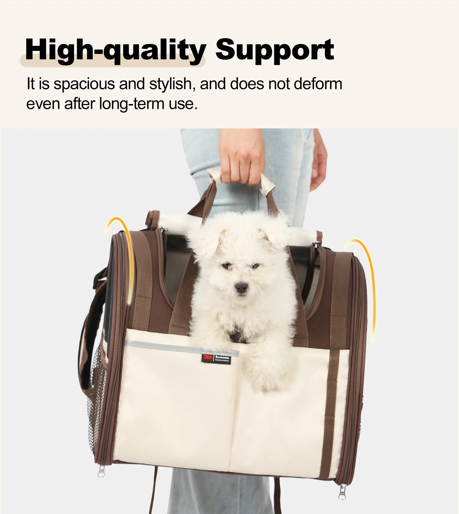 A small white dog sits inside a brown and cream pet carrier bag being held by a person wearing light blue jeans. Text at the top reads 'High-quality Support' with supporting copy below.