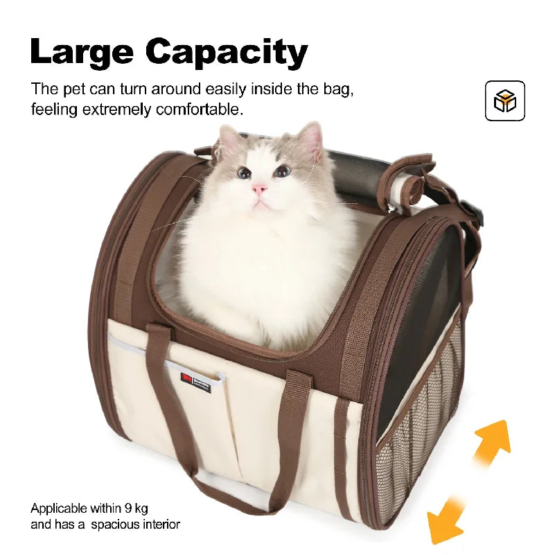 Pet carrier with a cat inside, labeled 'Large Capacity' on a white background.