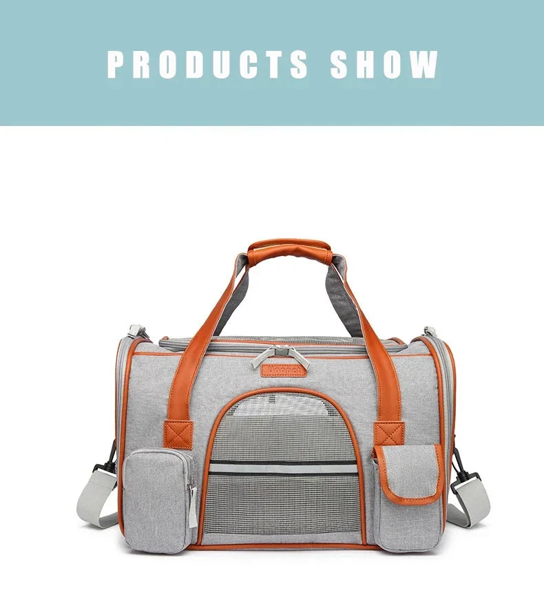 Gray and orange pet carrier with a light blue background and 'PRODUCTS SHOW' text.