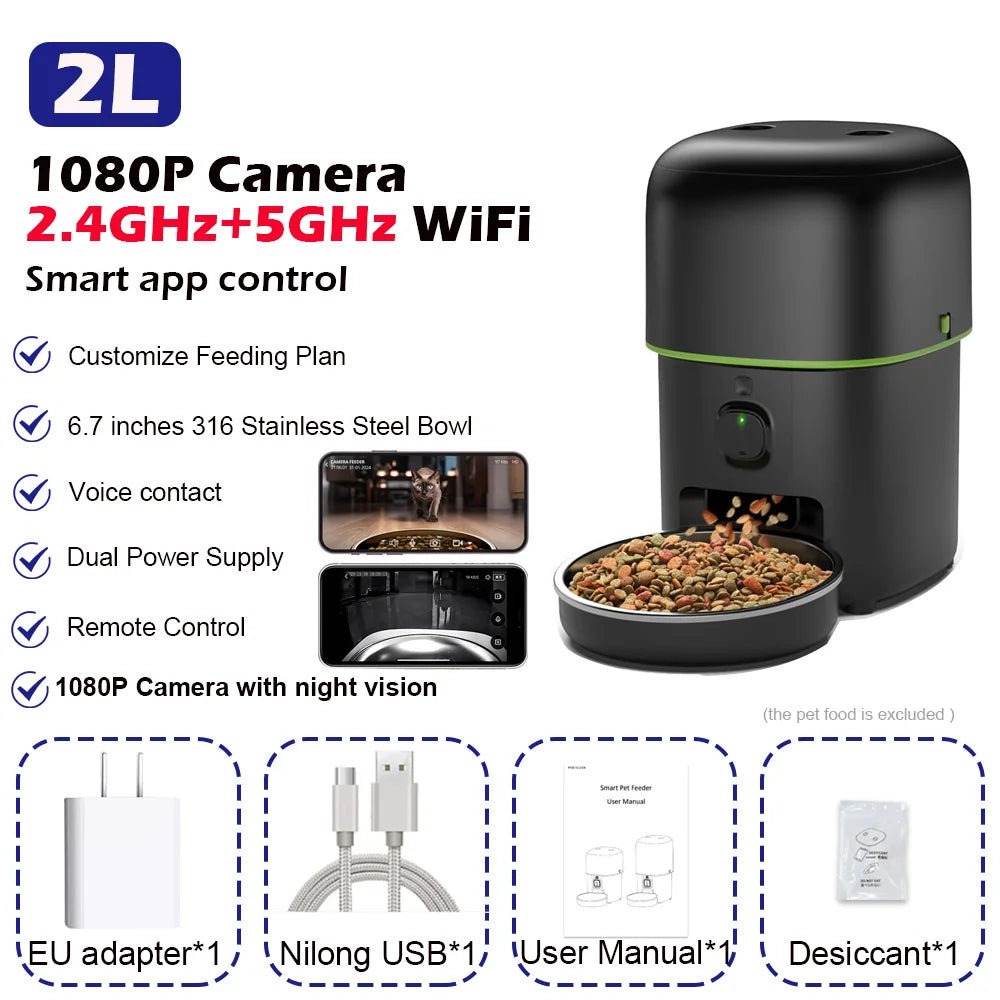 Mangeoire Automatique Connectée avec Caméra HD 1080P pour Chien et Chat – WiFi 2,4G/5G et Contrôle par Application