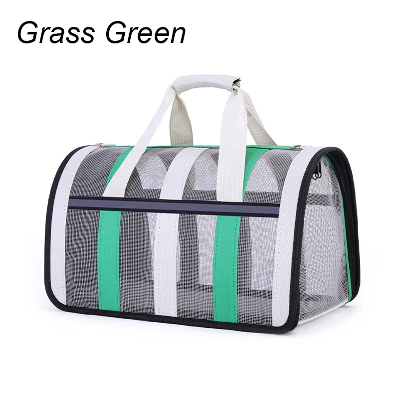 Pet carrier with grass green accents on a white background