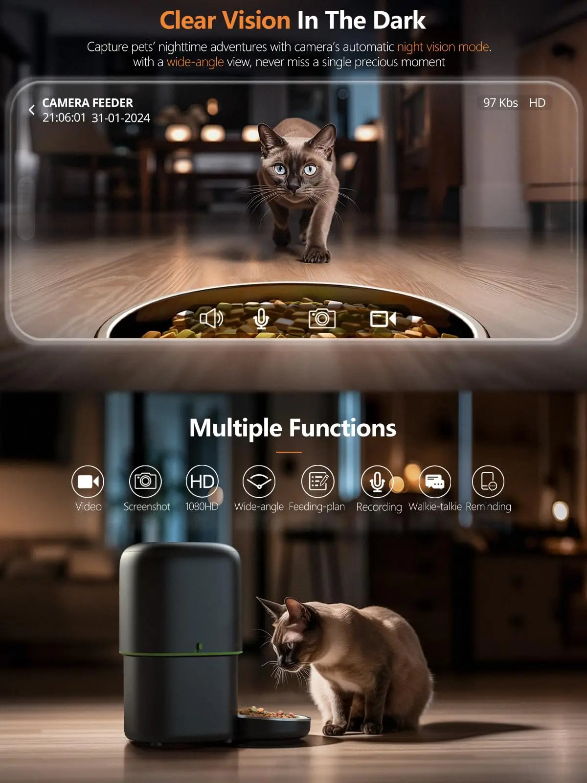 Mangeoire Automatique Connectée avec Caméra HD 1080P pour Chien et Chat – WiFi 2,4G/5G et Contrôle par Application